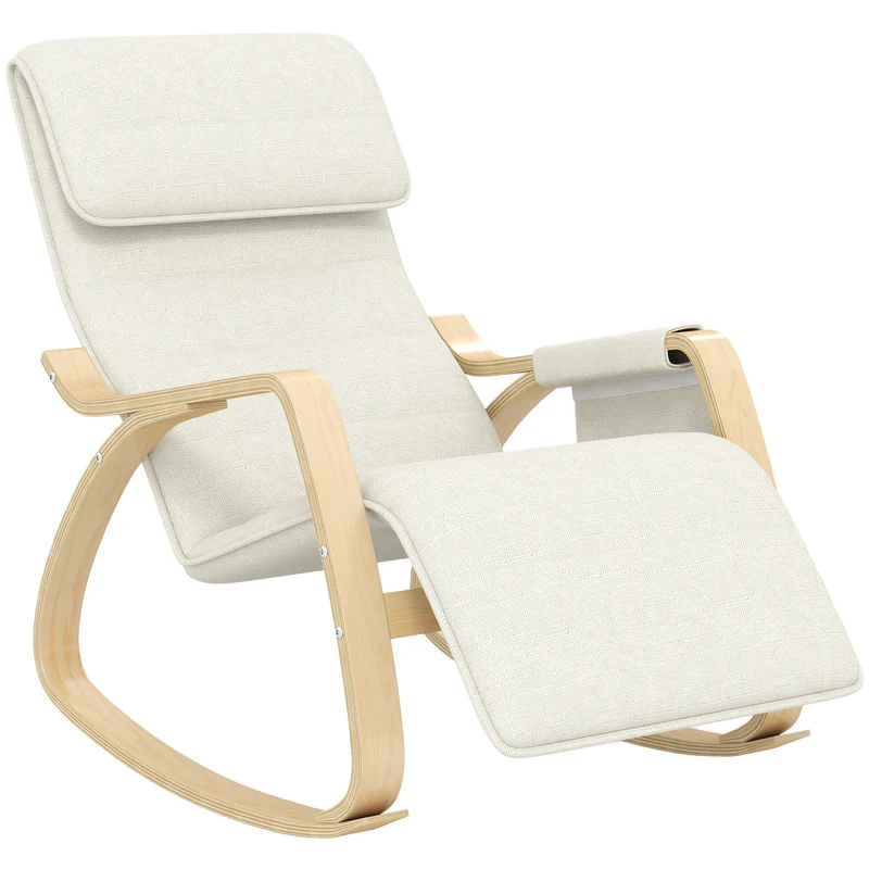 Fauteuil à bascule 67 x 110 x 91 cm repose-pieds 5 positions assise rembourrée scandinave moderne en bois blanc crème 21_0001688