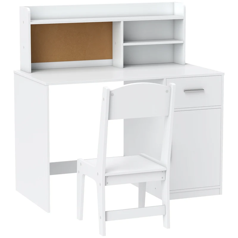 Bureau enfant avec chaise rangement tiroir et armoire 90,2 x 48,1 x 90,8 cm gain ergonomique scandinave en MDF blanc 21_0000236