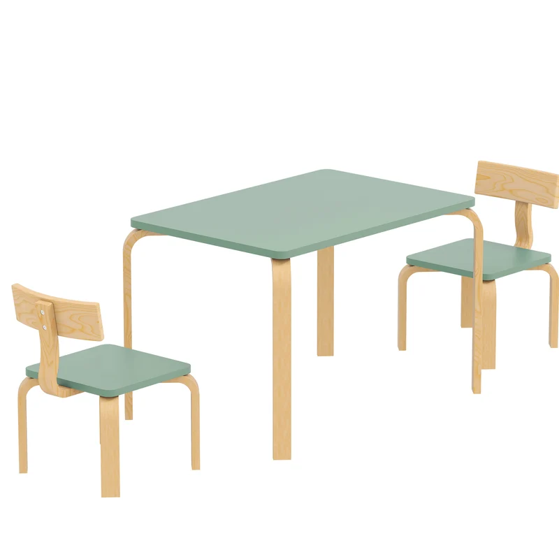 Table enfant avec 2 chaises pour dessiner 78 x 53 x 53 cm bords arrondis stable style scandinave en bois de peuplier vert 21_0000229