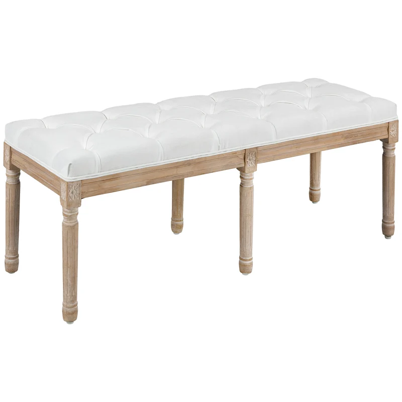 Banc bout de lit capitonné 117 x 40 x 48 cm assise mousse épaisse style vintage chambre ambiance cosy en polyester crème 21_0001582