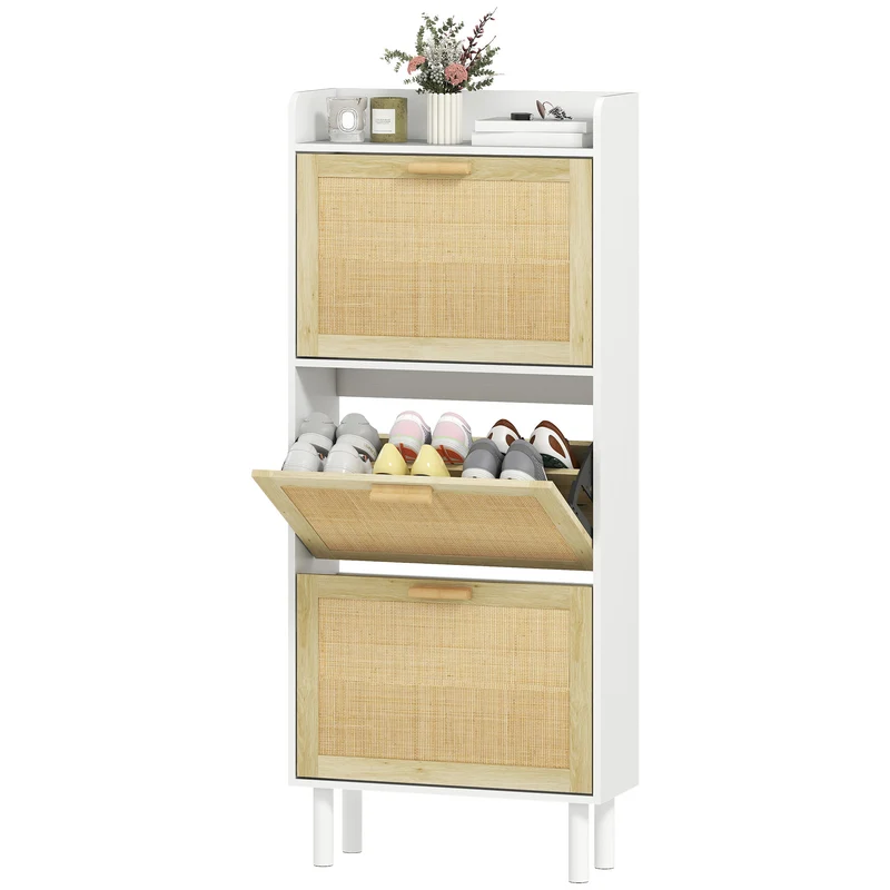 Meuble à chaussures entrée 65 x 24,5 x 153 cm portes abattantes étagères plateau tendance en panneau de particules blanc 21_0002714