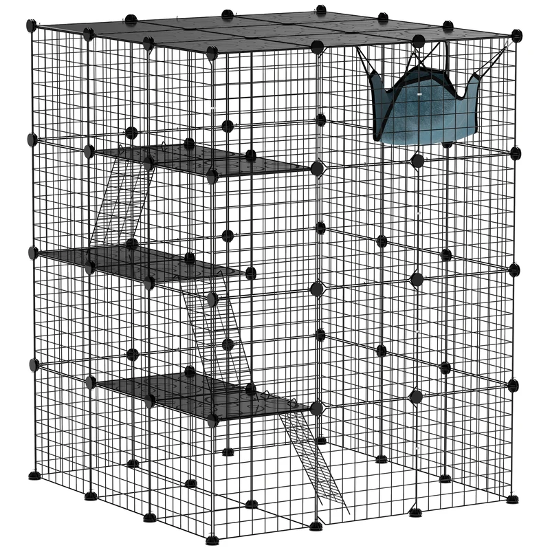Clôture enclos pour animaux 4 niveaux 105 x 105 x 140 cm modulable 63 panneaux sécurisé contemporain en acier noir 21_0007995