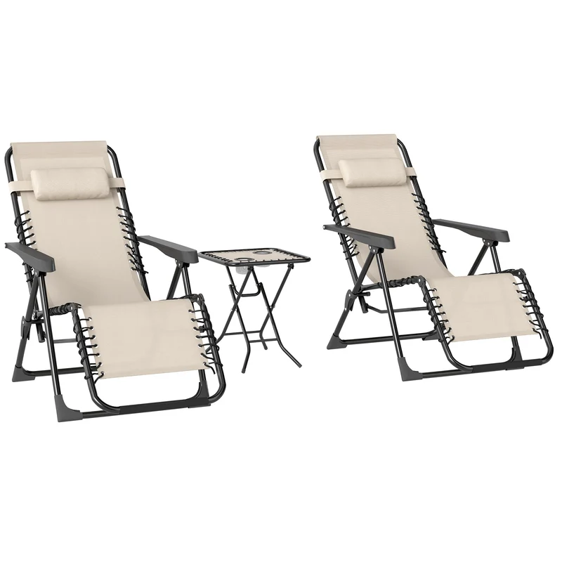 Lot de 2 chaises longues gravité zéro 160 x 65 x 77 cm pliables avec table porte-gobelets moderne en textilène beige 21_0005305