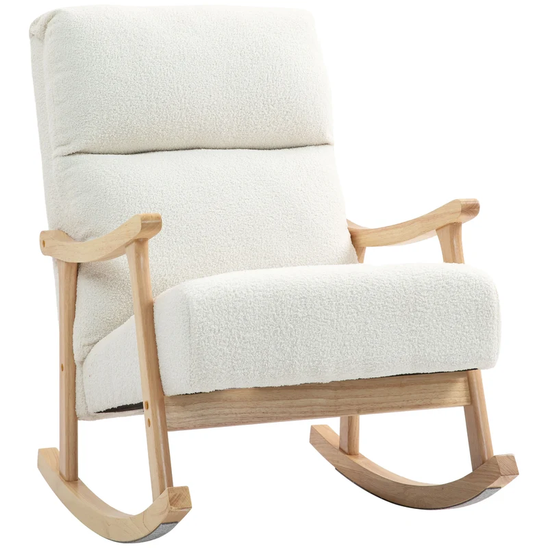 Fauteuil à bascule détente 65 x 90 x 98 cm assise rembourrée dossier ergonomique scandinave épuré en velours teddy crème 21_0003438
