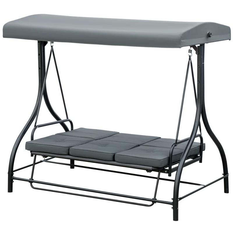 Balancelle de jardin 3 places convertible 195 x 117 x 175 cm grand confort toit réglable contemporain en métal gris 21_0004445