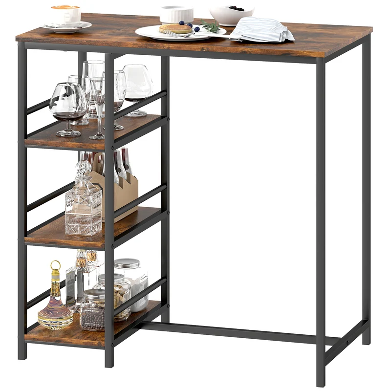 Table de bar mange-debout 90 x 50 x 90,5 cm gain de place 3 étagères style industriel contemporain en MDF brun rustique 21_0003329
