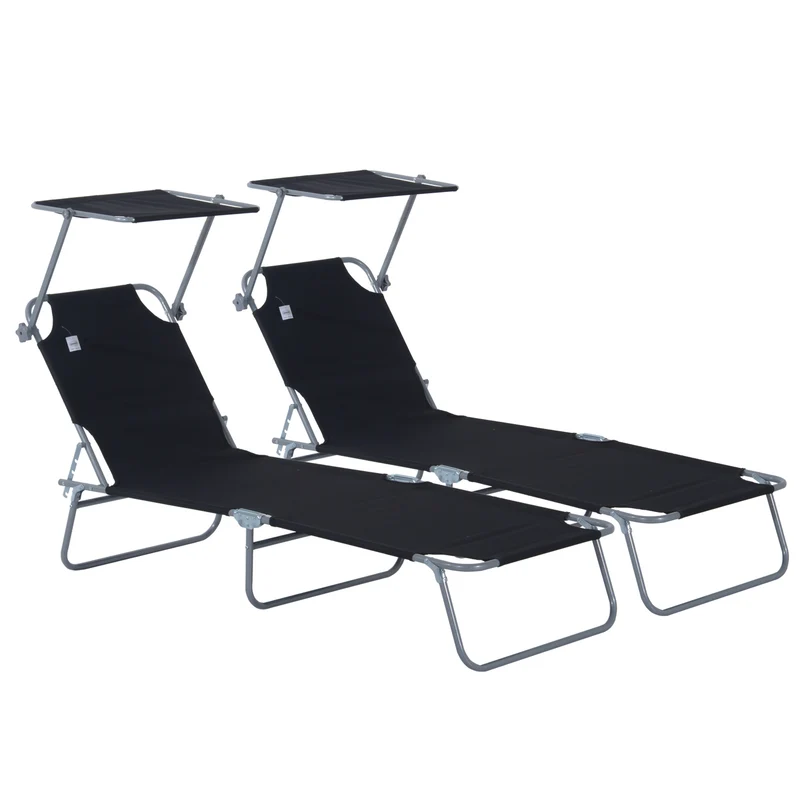 Lot de 2 transats pliable jardin 187 x 58 x 36 cm confort dossier inclinable pare-soleil réglable moderne en métal noir 21_0004714