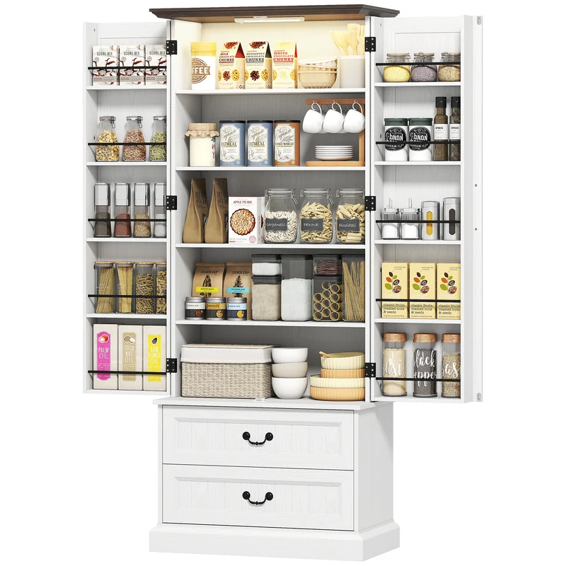 Buffet haut de cuisine 76 x 39,5 x 183 cm éclairage à capteur rangement modulable style rustique classique en MDF blanc 21_0003347