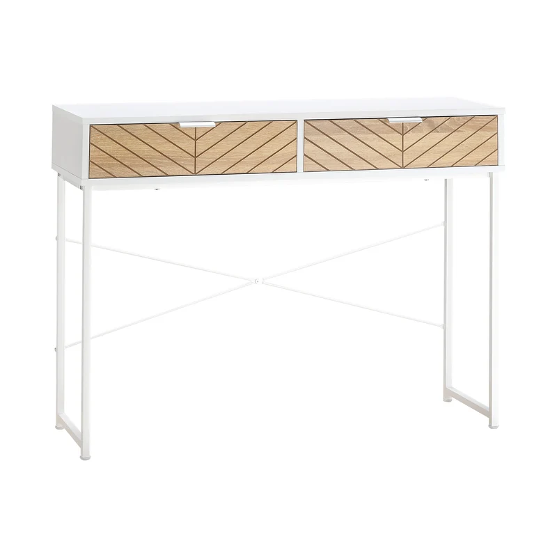 Table console entrée 100 x 30 x 75 cm 2 tiroirs montage facile chevrons industriel épuré en panneau de particules blanc 21_0002636