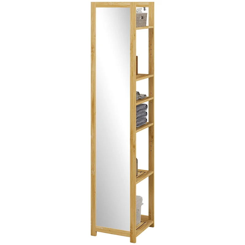 Meuble colonne salle de bain 35 x 35 x 168 cm miroir intégré 6 étagères de rangement scandinave épuré en bambou naturel 21_0002021