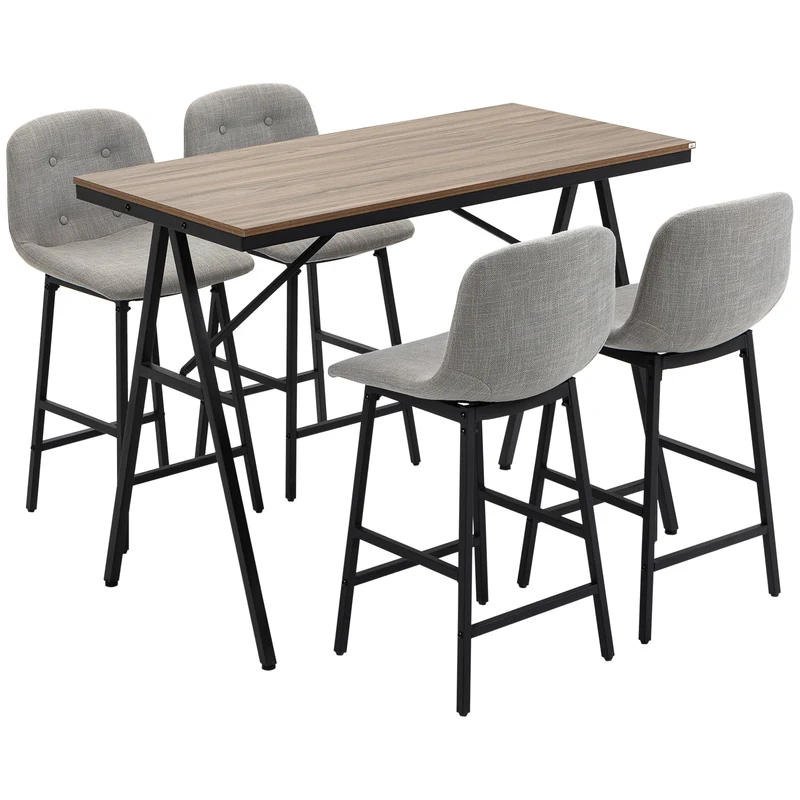 Lot de 5 ensemble table de bar avec tabourets 120 x 60 x 91 cm assise rembourrée confort industriel en acier gris clair 21_0002326
