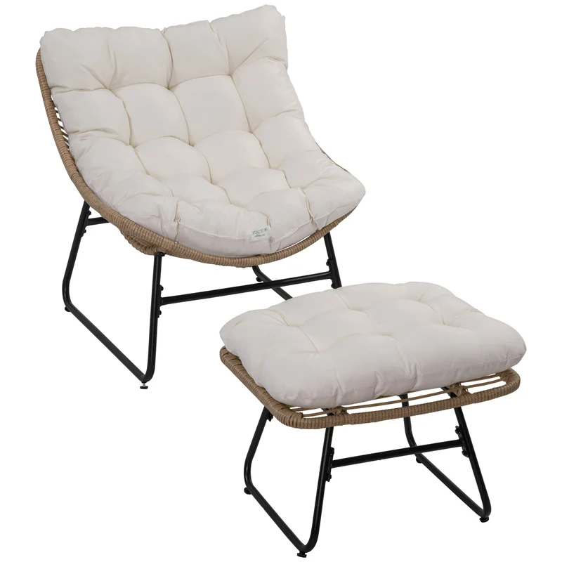 Lot de 2 fauteuil de jardin et repose-pieds 69 x 76 x 70 cm assise profonde confort moelleux scandinave en résine beige 21_0006047