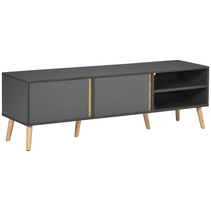 Meuble tv scandinave salon 150 x 35 x 45 cm rangement 2 portes passe-câbles épuré en panneau de particules gris foncé 21_0003116