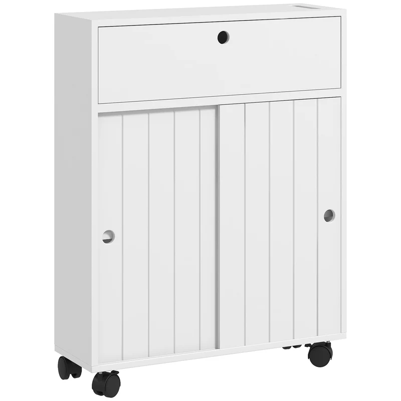 Meuble de rangement toilette compact 52 x 17 x 67 cm porte papier sur roulettes étagères réglables épuré en MDF blanc 21_0001982