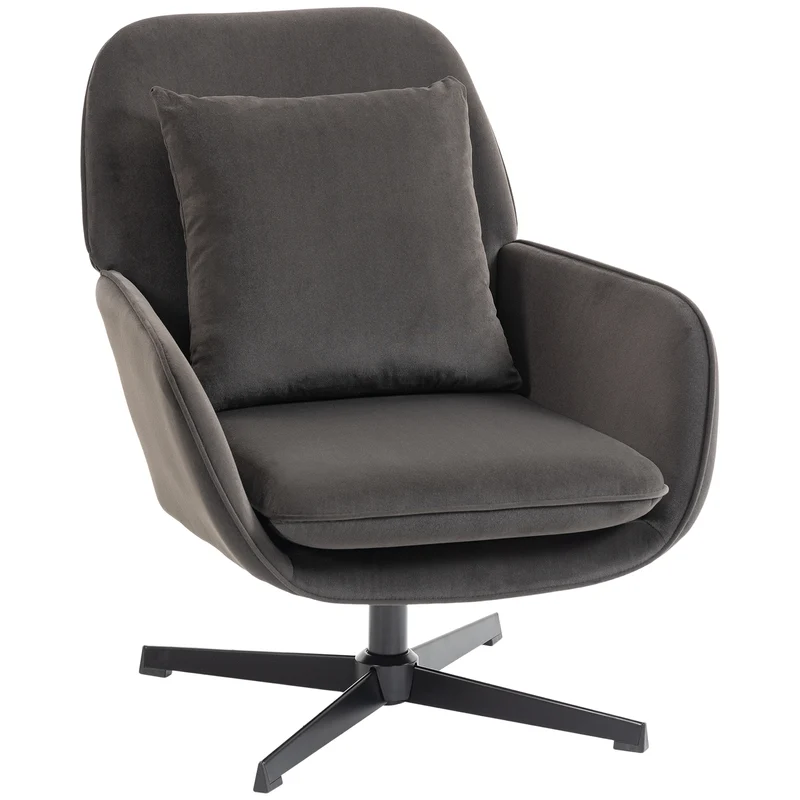 Fauteuil de salon 73 x 83.5 x 85 cm assise rembourrée 16 cm rotation 360° moderne contemporain en velours gris foncé 21_0003636