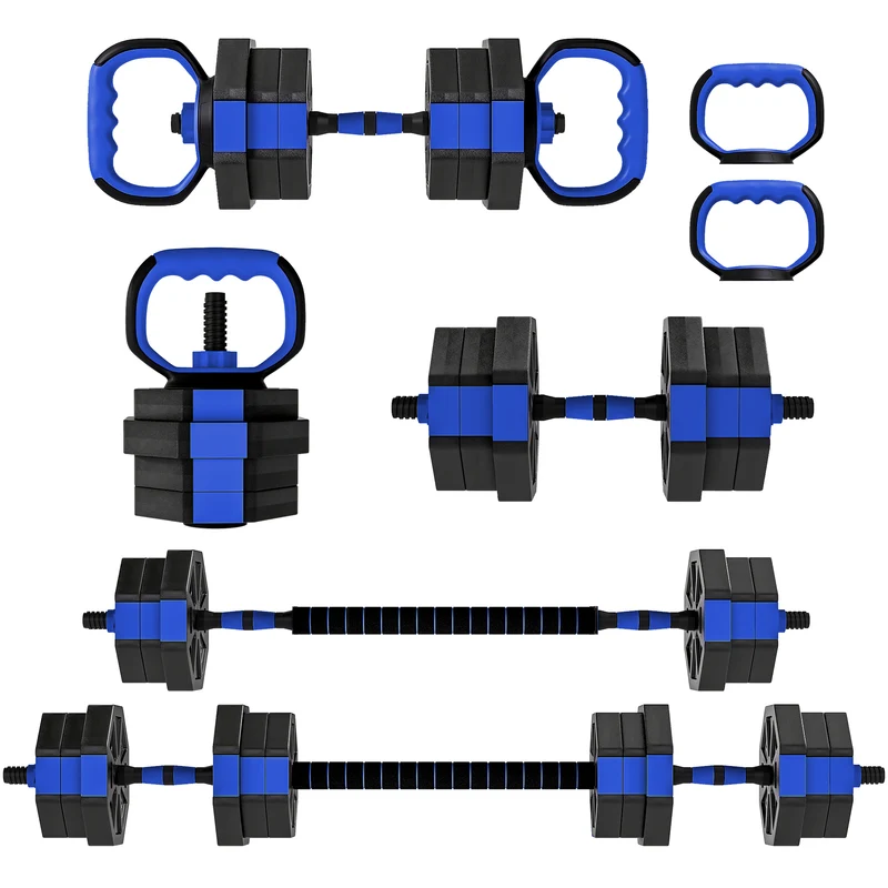 Ensemble d'haltères 6 en 1 musculation 100 x 18 x 18 cm réglable poignées antidérapantes design moderne en PVC bleu 21_0006877