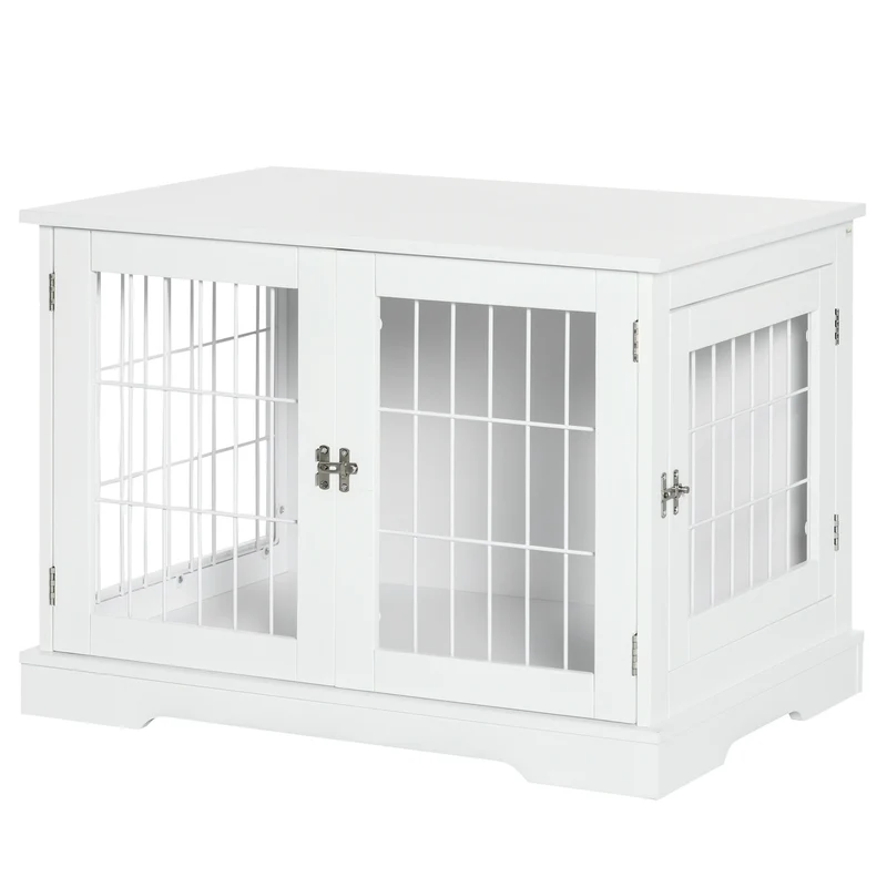Cage pour chien table d'appoint 76 x 54.5 x 56 cm double porte verrouillable avec plateau contemporain épuré en MDF blanc 21_0007290