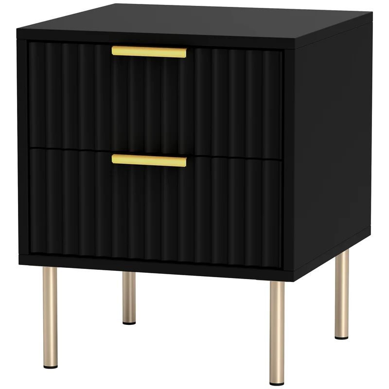 Table de chevet cannelée 40 x 39 x 48 cm 2 tiroirs rangement glissières douces contemporain pieds hauts en MDF noir 21_0001628