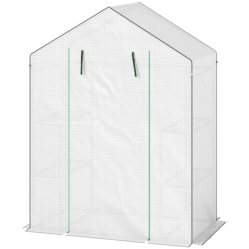 Serre de jardin 143 x 74 x 190 cm porte enroulable trois étagères ventilation hivernage design en polyéthylène blanc 21_0004340