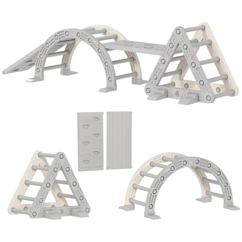Parcours motricité 8 en 1 triangle d'escalade enfant 279 x 80 x 69 cm planche double face évolutif scandinave en PP gris 21_0000317