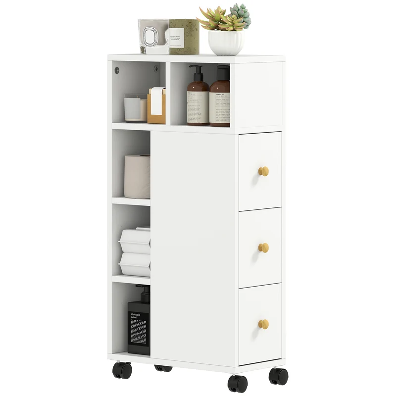 Meuble de salle de bain étroit à roulettes 20 x 40 x 80 cm gain d'espace et rangement style scandinave en MDF blanc 21_0002119