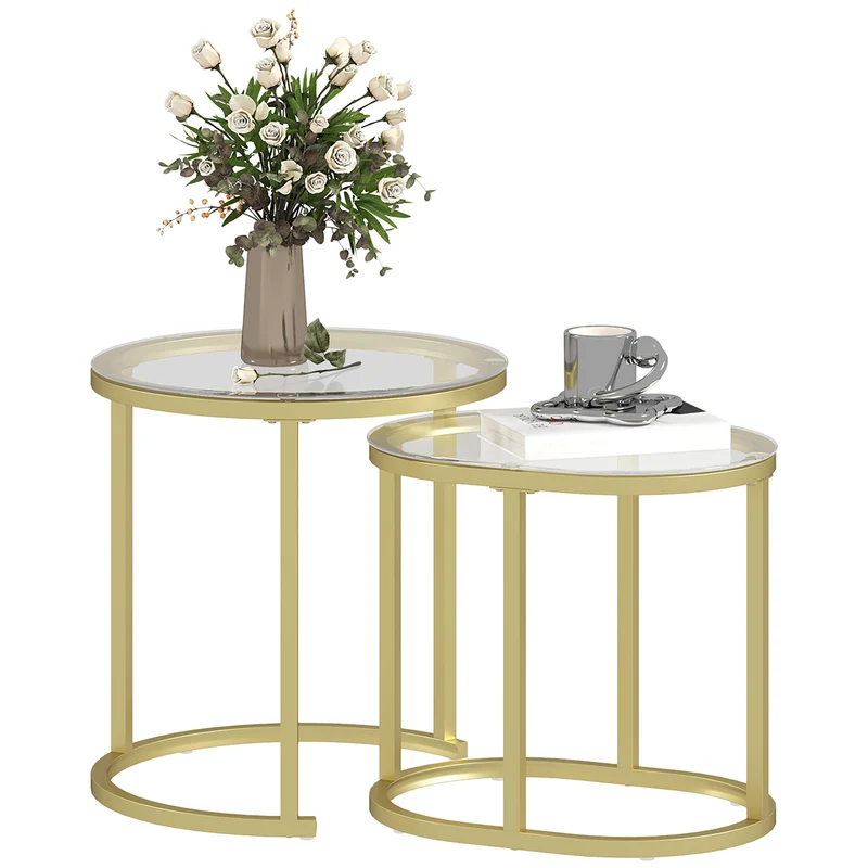 Lot de 2 tables basses gigognes encastrables 60 x 36 x 44 cm gain de place contemporain élégant salon en verre trempé or 21_0003068