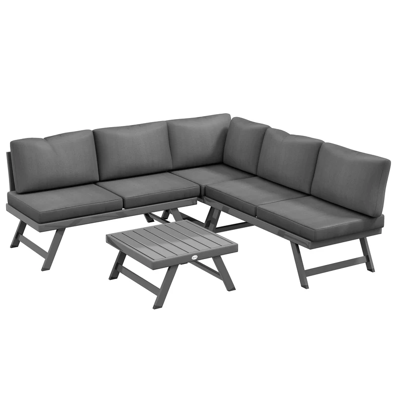 Ensemble salon de jardin d'angle convertible 115 x 61 x 65 cm assise confort coussins épais contemporain en acier gris 21_0005205