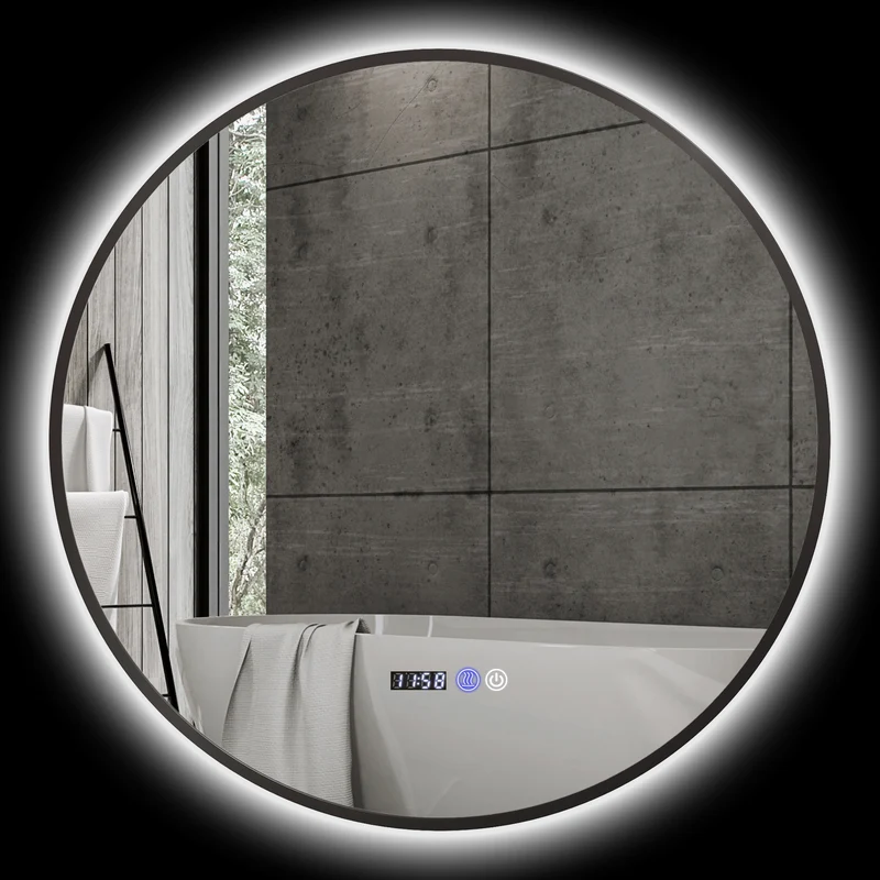 Miroir de salle de bain rond éclairage réglable tactile 70 x 70 x 3 cm anti-buée mémoire moderne épuré en verre noir 21_0002067