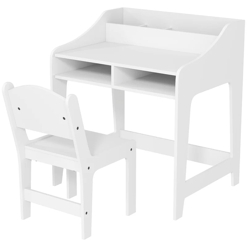 Ensemble bureau et chaise enfant 60 x 48 x 68 cm rangement intégré ergonomique scandinave pour 3-8 ans en MDF blanc 21_0000223