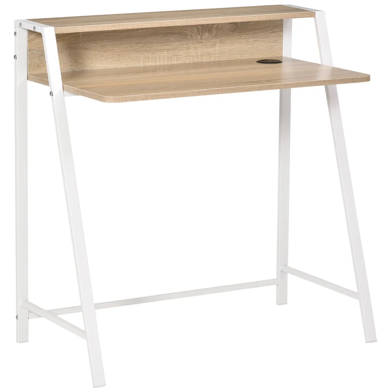 Bureau secrétaire 84 x 45 x 85 cm grand plan de travail étagère supérieure contemporain épuré salon en MDF chêne clair 21_0002392