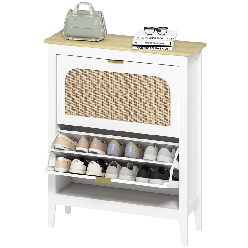 Meuble à chaussures d'entrée 80 x 24 x 95.5 cm rangement 14 paires gain de place bohème en panneau de particules blanc 21_0002767