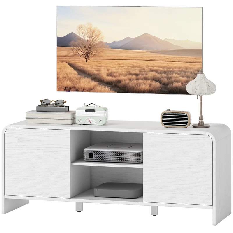 Meuble tv bas salon 110 x 35 x 45 cm rangement modulable étagère réglable coins arrondis scandinave moderne en MDF blanc 21_0003616