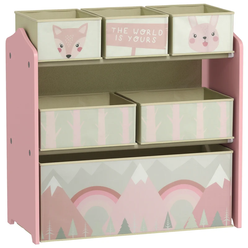 Meuble de rangement enfant 63 x 30 x 66 cm 6 bacs amovibles bords arrondis gain de place moderne scandinave en MDF rose 21_0000153