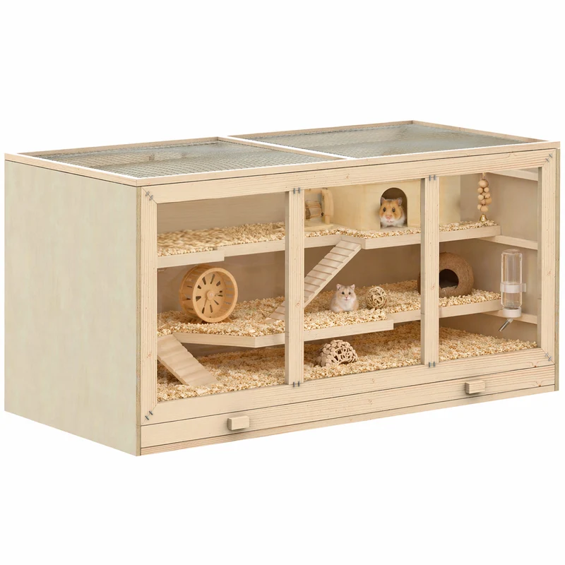 Cage pour hamster nain 2 niveaux 115 x 57 x 55 cm porte verrouillable plateau amovible scandinave en sapin bois naturel 21_0007604