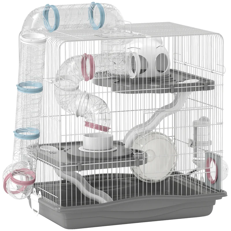 Cage pour hamster 3 niveaux 45 x 30 x 45 cm avec tunnels modulable et roue d'exercice utile moderne épuré en métal gris 21_0008021
