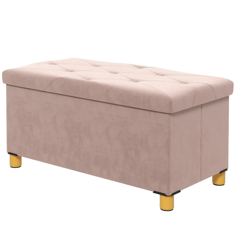 Banc de rangement bout de lit pliable 76 x 38 x 38 cm capacité 67L assise capitonnée moderne contemporain en velours rose 21_0002943