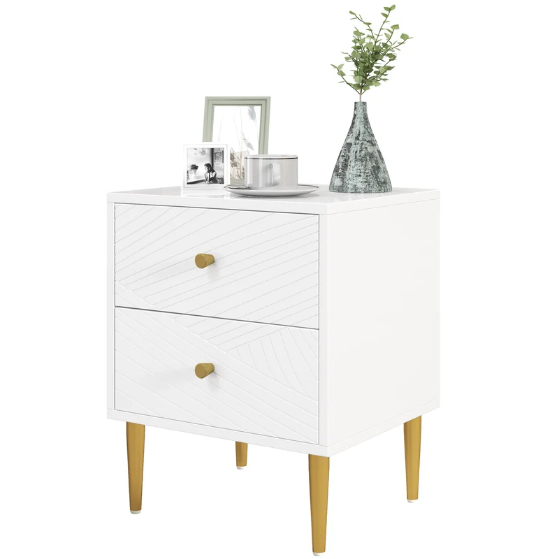 Table de chevet 40 x 35 x 50 cm 2 tiroirs rangement spacieux poignées ton or pieds acier moderne épuré en MDF blanc 21_0001626