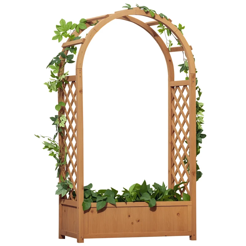 Jardinière rectangulaire sur pied avec treillis arche 83 x 36 x 152 cm pour plantes grimpantes rustique en bois marron 21_0004284