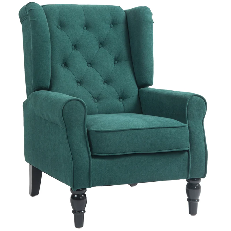 Fauteuil de salon à oreilles capitonné 74 x 86 x 102 cm assise large grand confort classique élégant en polyester vert 21_0001767