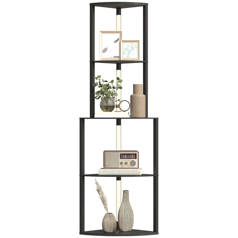 Lampadaire sur pied salon d'angle étagères 4 niveaux 55 x 40 x 163 cm luminosité 3 niveaux cosy design léger en MDF noir 21_0007064