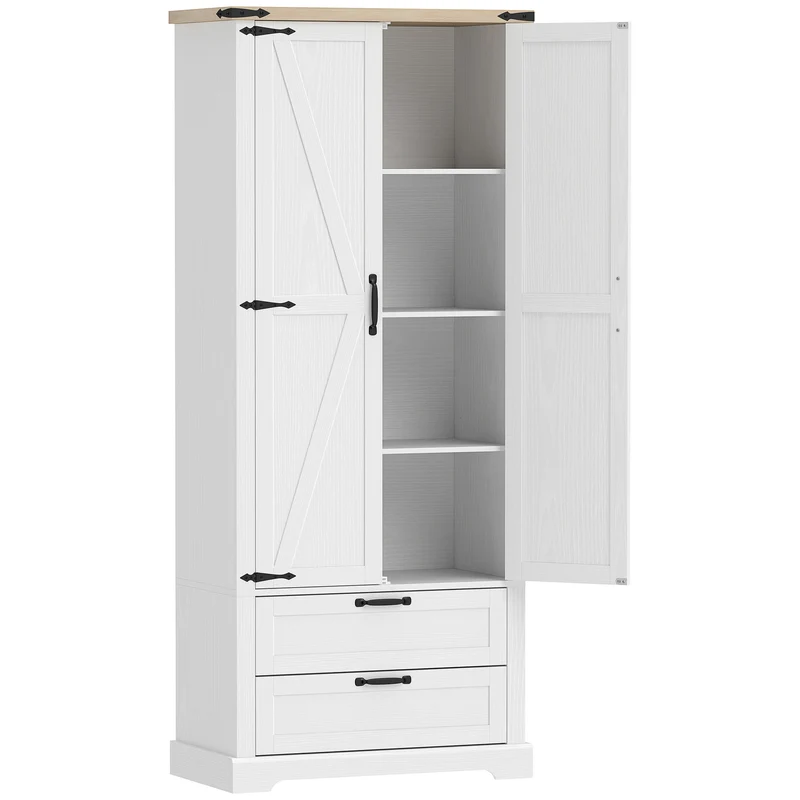 Buffet haut de cuisine 76 x 40 x 180 cm rangement optimisé sécurité anti-basculement rustique et vintage en MDF blanc 21_0003380