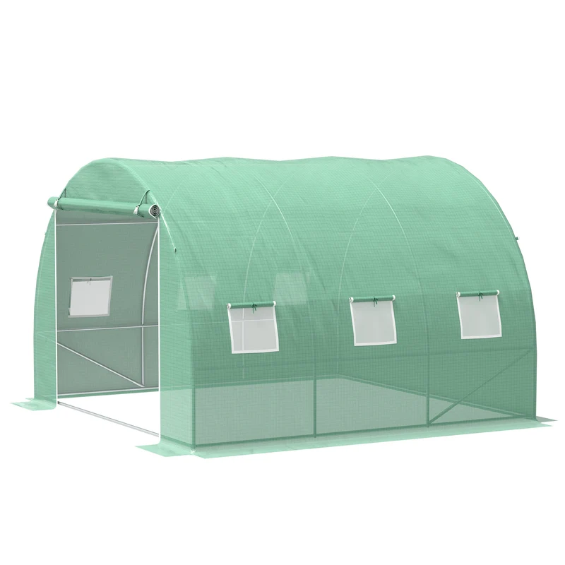 Serre de jardin tunnel 300 x 300 x 200 cm anti uv aération 6 fenêtres porte zippée robuste moderne en polyéthylène vert 21_0004177
