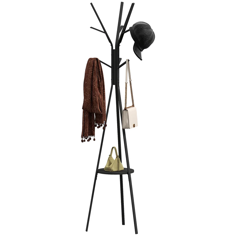 Porte-manteau trépied forme branche 45 x 45 x 180 cm 9 patères étagère intégrée contemporain décoratif en métal noir 21_0001417
