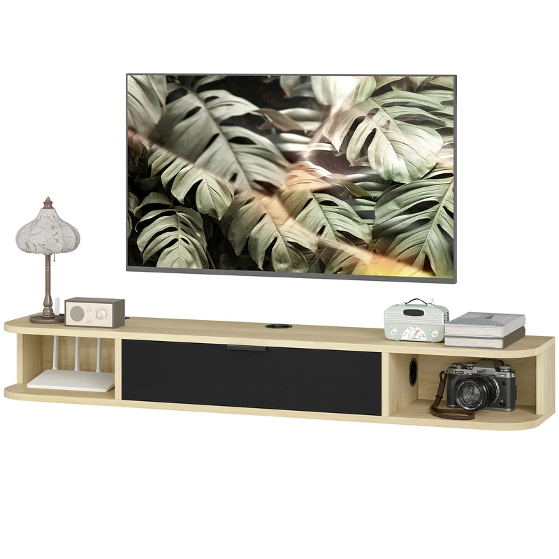 Meuble télé suspendu mural 120 x 24 x 16 cm gain de place et cache câbles moderne épuré en panneau de particules noir 21_0003580