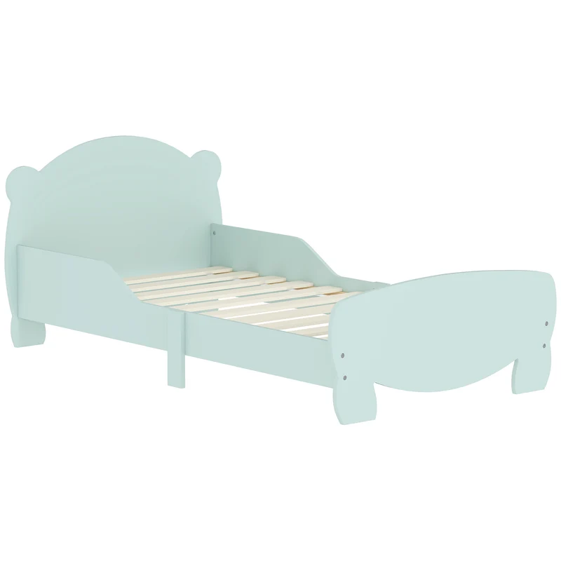 Lit enfant bas avec barrières 143.5 x 80 x 55 cm sécurité tête ours accès facile durable scandinave cosy en MDF vert 21_0000252