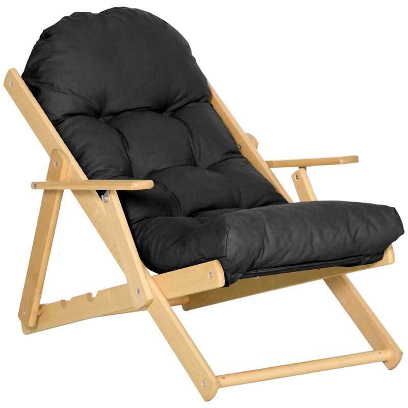 Fauteuil pliable de salon 71 x 89 x 96 cm dossier réglable 3 positions assise capitonnée style naturel cosy en bois noir 21_0003070