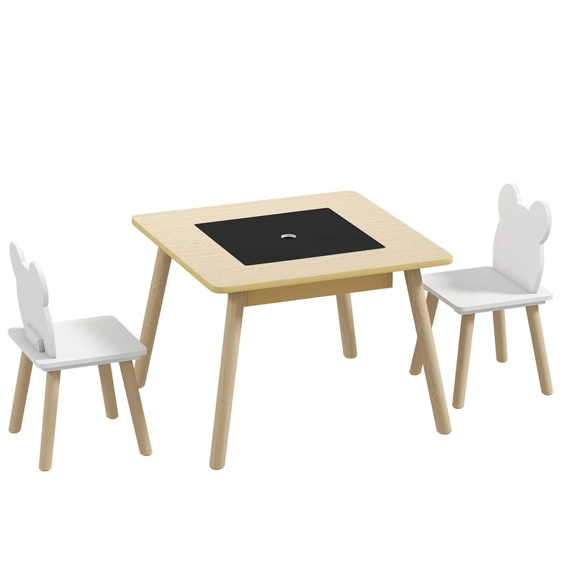 Ensemble table et chaises enfant forme ours 60 x 60 x 44 cm plateau réversible rangement scandinave en MDF bois naturel 21_0000212