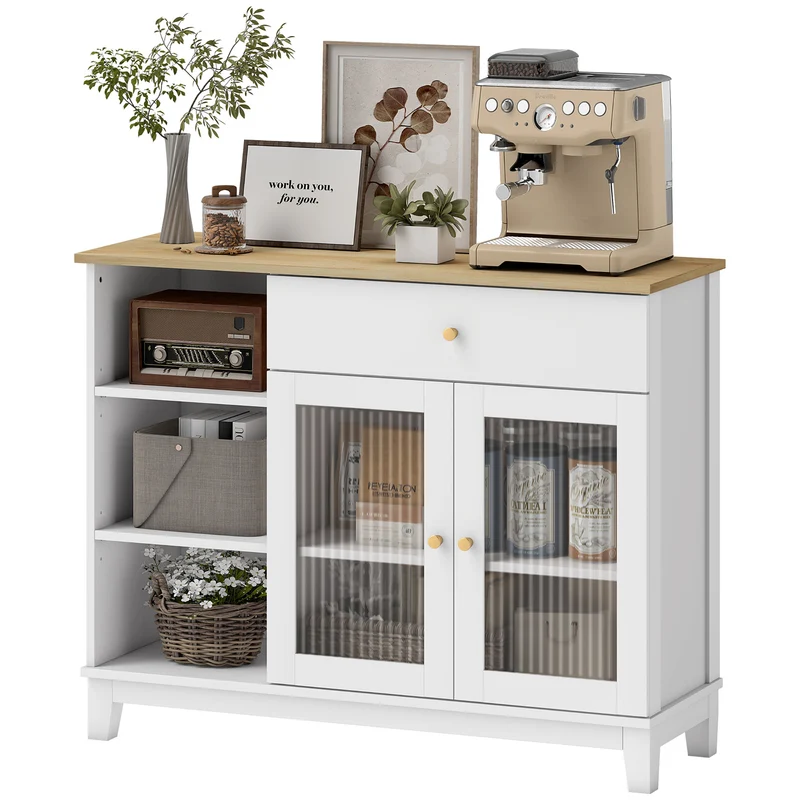 Buffet rangement salon salle à manger 100 x 35 x 80,3 cm tiroir vitrine contemporain épuré sécurisé utile en MDF blanc 21_0003525