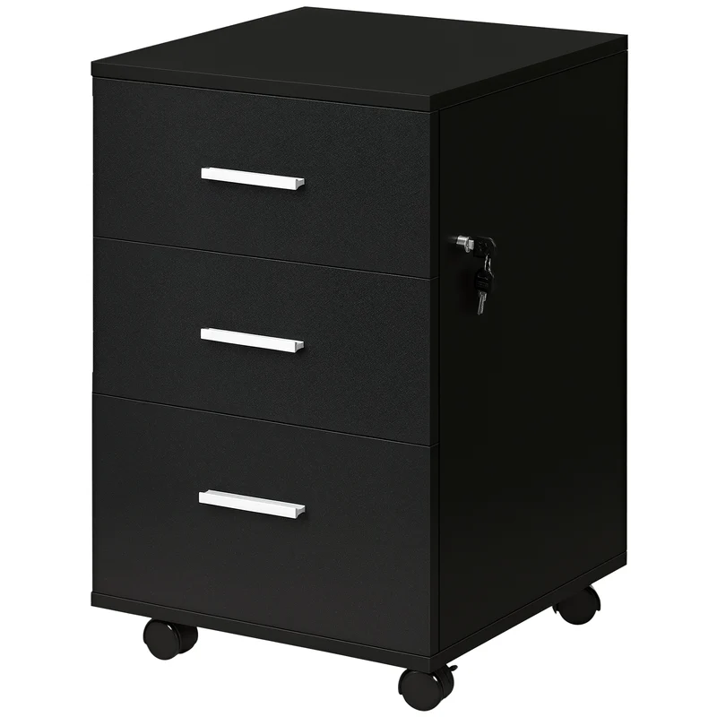 Caisson bureau à roulettes 40 x 40 x 61.5 cm 3 tiroirs verrouillable sécurisé scandinave en panneau de particules noir 21_0006376