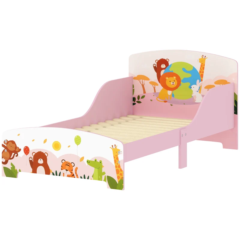 Lit enfant au sol motif animal 143 x 77 x 60 cm sommier à lattes barrières sécurisées accès bas scandinave en MDF rose 21_0000251